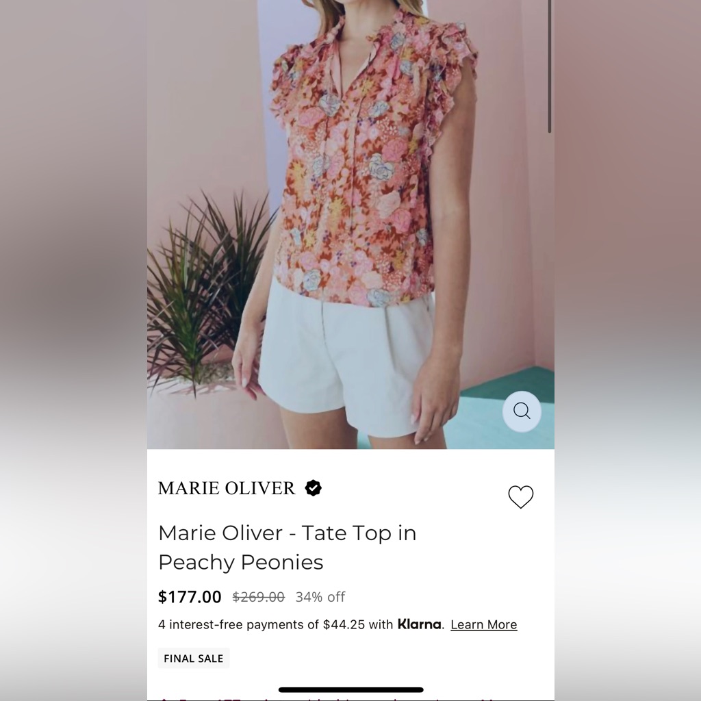 Nwt Marie Oliver Tate Top In Peachy Peonies